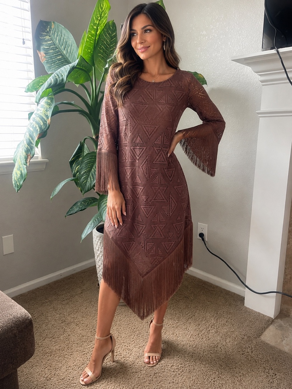 Spring Step Brown Crochet Fringe Long Sleeve Shift Dress